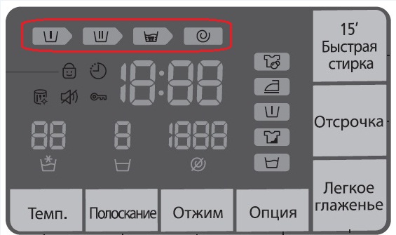 Значення символів на дисплеї пральних машин WF80F5E5/E4/E3, WF70F5E5/E4/E3, WF60F4E5/E4/E3
