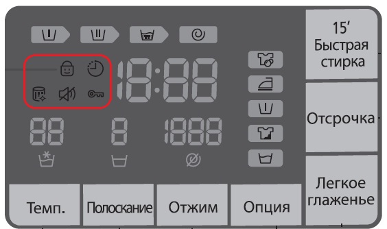 Значення символів на дисплеї пральних машин WF80F5E5/E4/E3, WF70F5E5/E4/E3, WF60F4E5/E4/E3