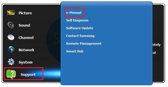 Apasati butonul Home de pe telecomanda, selectati Setari din bara de meniu iar apoi navigati pana la Mai multe setari. Ulterior, selectati Asistenta si accesati Deschidere E-Manual
