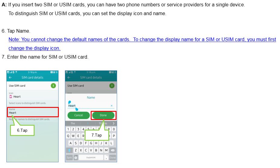 How do I change the display icon and name of SIM or USIM cards on Samsung Z4?