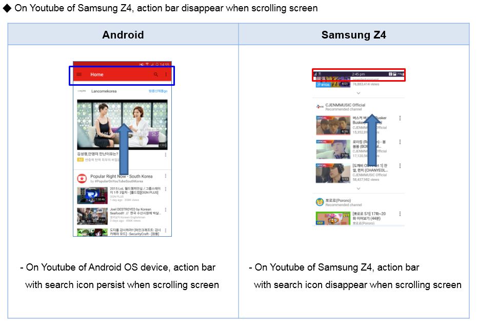 What is the difference onYoutube on Samsung Z4 compared to Samsung Android?