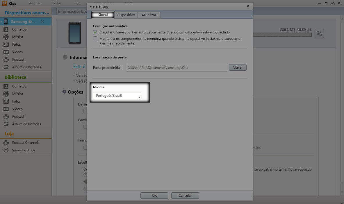 Passo2. Selecione Preferências, na aba Geral . Em Idioma, é só selecionar o idioma desejado para a utilização do Kies.