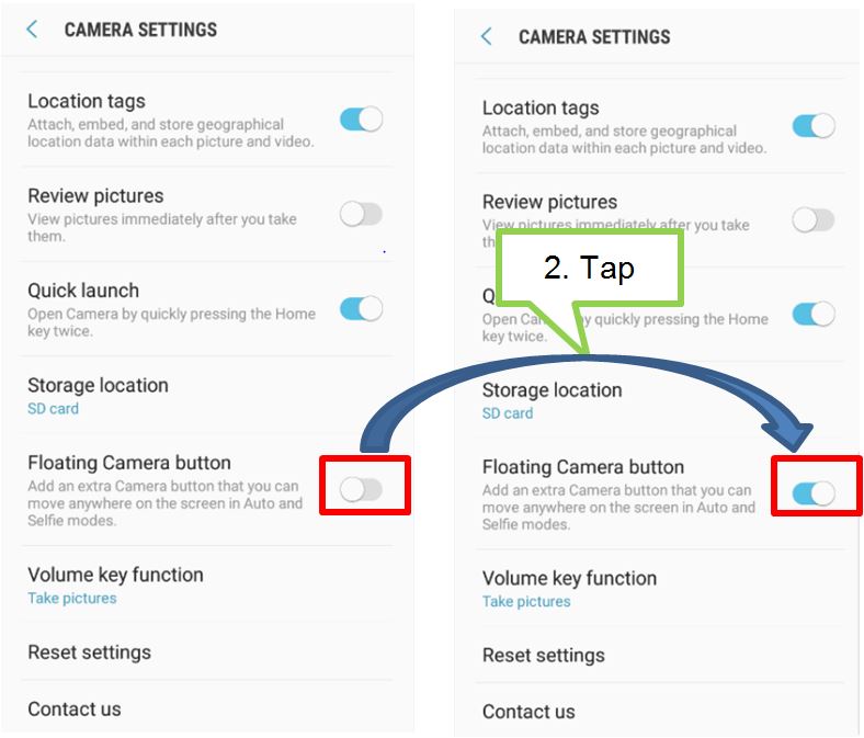 How do I set to show floating camera button on camera preview screen of my J7 Pro?