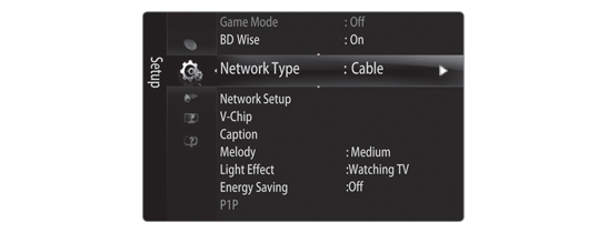 On-Screen Menu > Setup > Network Type > Cable (or Wireless)