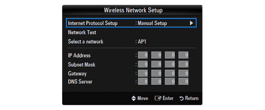 Wireless Network Setup > Internet Protocol Setup > Manual Setup
