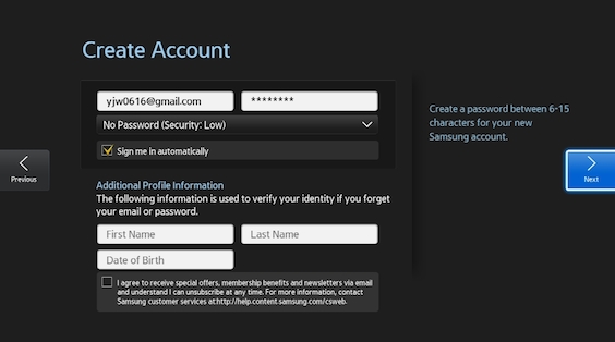 create a samsung account on the tv