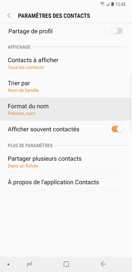 Galaxy Note8: Modifier le mode de tri des contacts (SM-N950W)