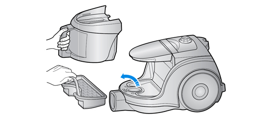 Removing the dust bin and the dust pack from the vacuum cleaner.