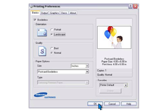 Printing Properties – Basics Tab